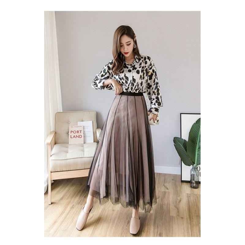 High Waist Mesh Slim Pleated Skirt High Waist Mesh Slimming Pleated Maxi Skirt Gauze Skirt