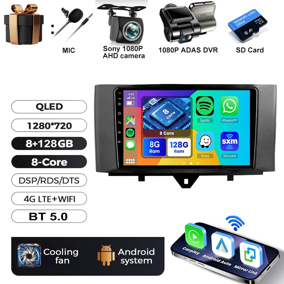 Android 16 Video Player For Mercedes Benz Smart Fortwo 451 2010-2015 Multimedia Car Radio Carplay Qualcomm RDS Stereo 5G WIFI BT