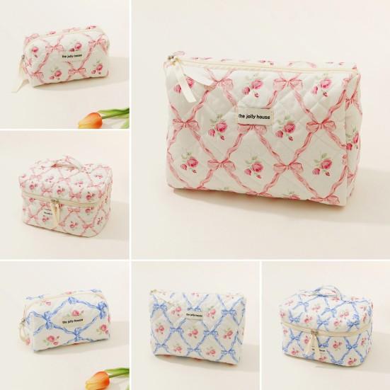 Сумка большой емкости на молнии с принтом розы и бантом, хлопковая стеганая портативная легкая губная помада, коричневый карандаш, кисточка для макияжа