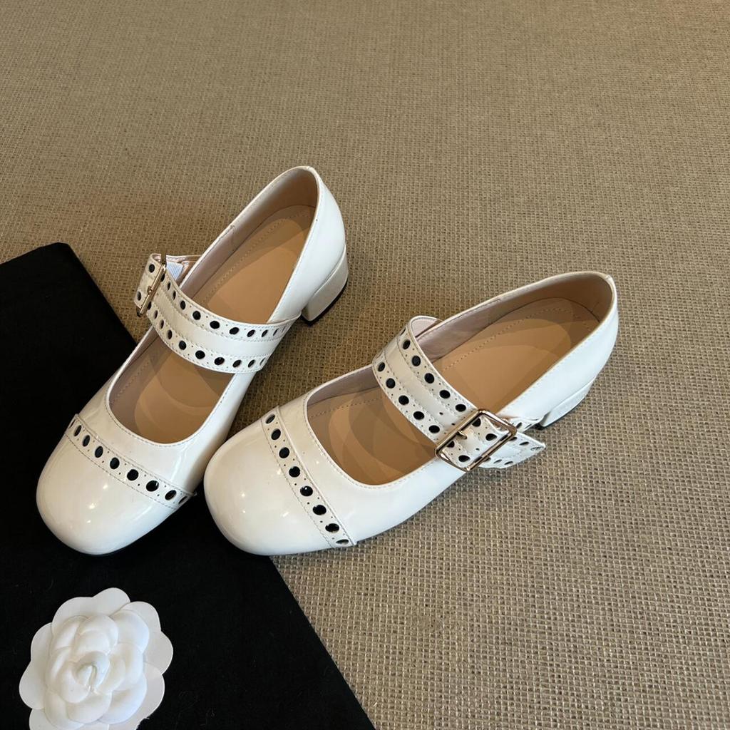 Sheepskin Mary Jane Shoes Women's Round Head with Buckle Medium Heel Single Shoes Versatile Leather Shoes Shallow High Heels