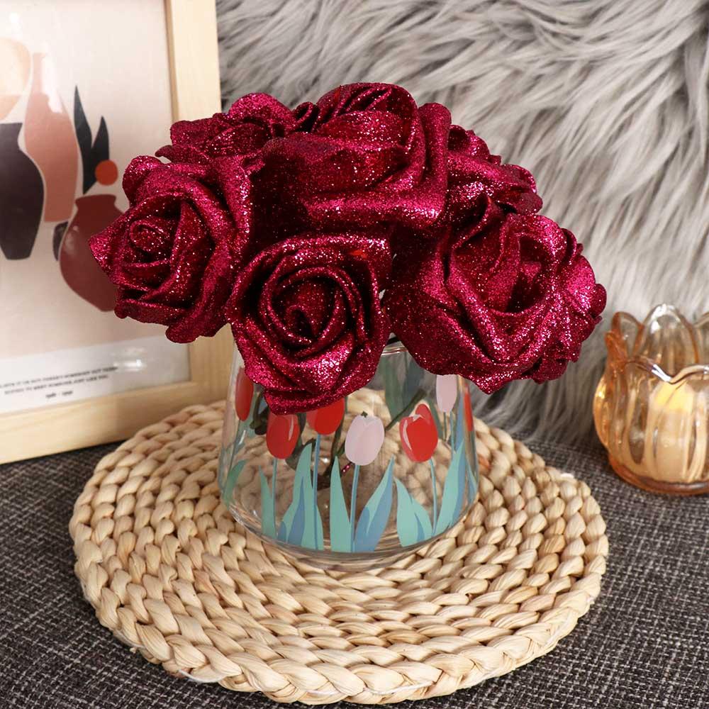 10pcs with Glitter Powder Bride Bouquet Wedding Party Decor Artificial Flowers Foam Roses Decoration Artificial Roses