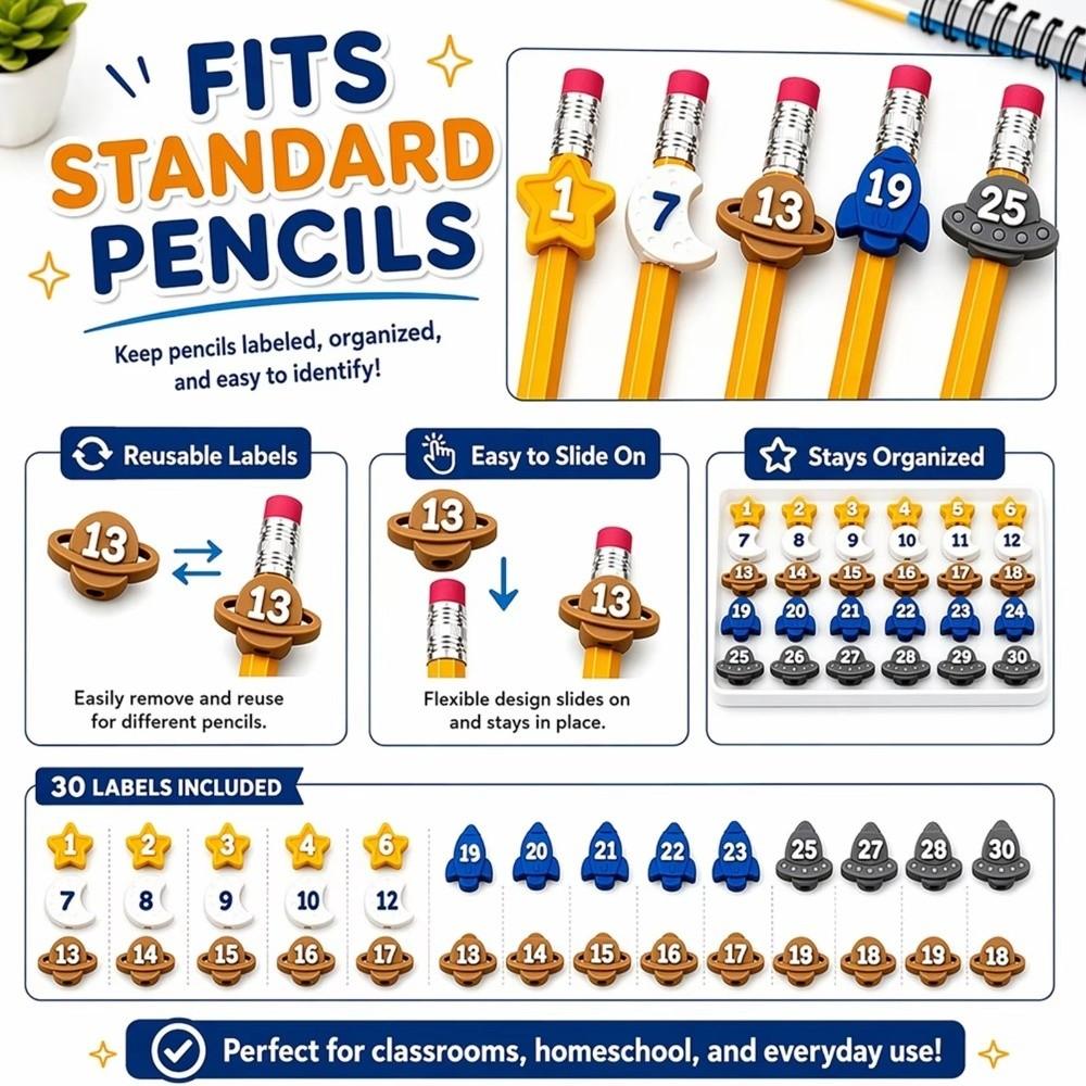 6/30PCS Space-Themed Numbered Pencil Toppers Reusable Pencil Labels Classroom Organization