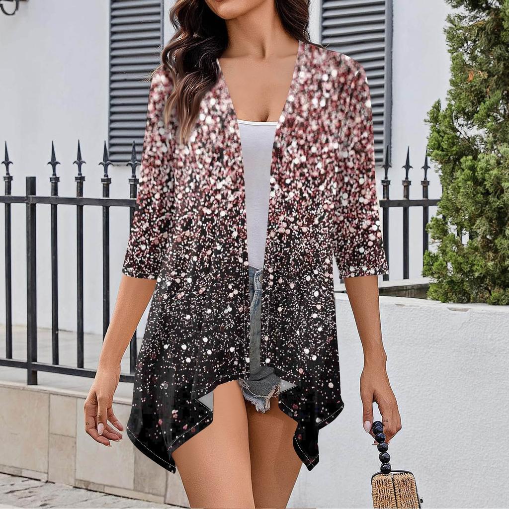 Женский кардиган неправильной формы с принтом, рукавами три четверти и карманной курткой