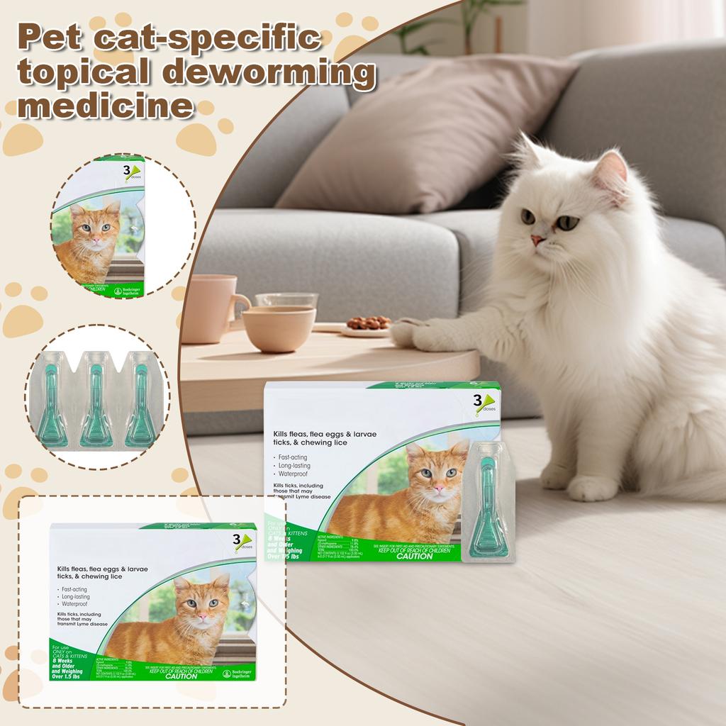3 упаковки (всего 1,5 мл) Местное противопаразитарное средство для лечения и профилактики заражения блохами и клещами у кошек