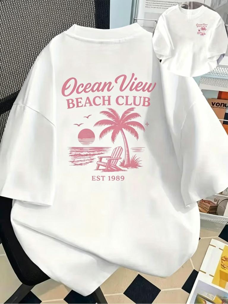 Футболка с принтом Beach Club с видом на океан, ретро-графика с пальмой и закатом, короткий рукав, круглый вырез, летняя футболка для отпуска