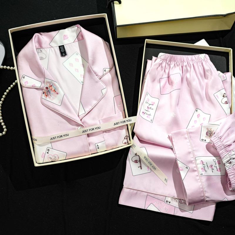Summertime Three-piece Ice Silk Pajamas For Women Short-sleeved Suit Pink Playing Card Pajamas Sweet, Cute and Comfortable Home Clothes