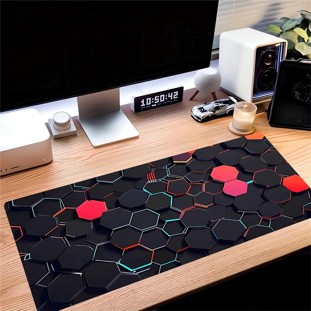 1pc Large Gaming Mouse Pad, UV Reactive Non-Slip Desk Mat, Washable PolyesterHexagon, Neon, PatternComputer Pad with Vibrant Game Machine Pr