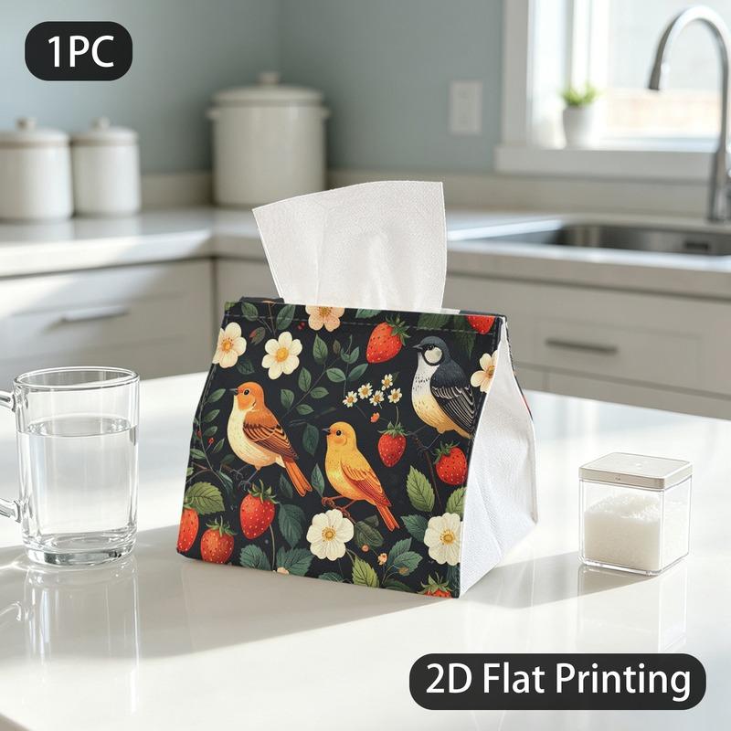 1pc Tissue Box, Whimsical Nature Birds Strawberries Warm Joy Pattern, 2D Flat Printing, Crafted with Strong Polyester, Folds Flat, Napkin Box, for The