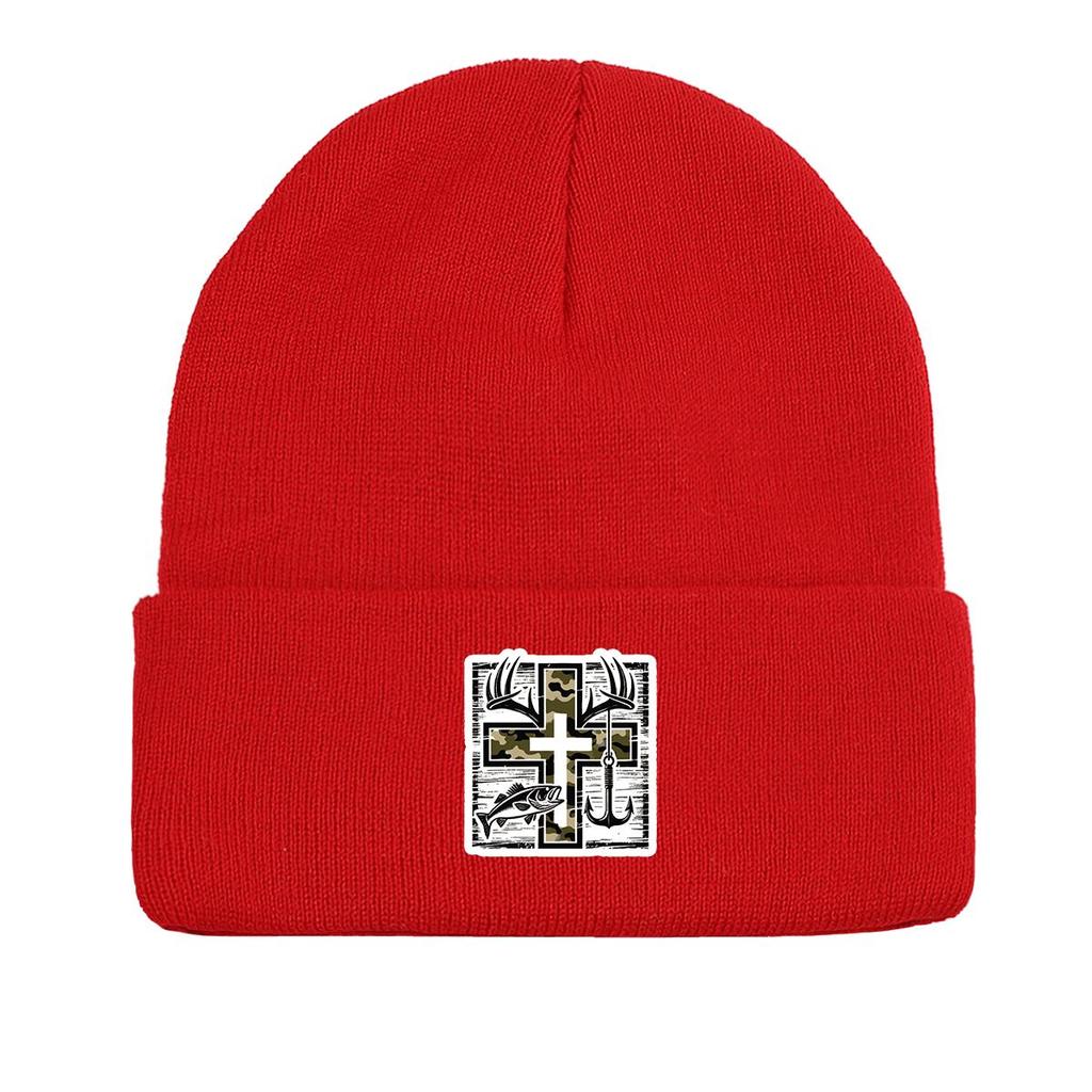Crucifix Staghorn Fish Anchor Print Knitted Hat Beanie, Man Cap Warm Cozy Stylish Bonnet Knitted Cap Beanie
