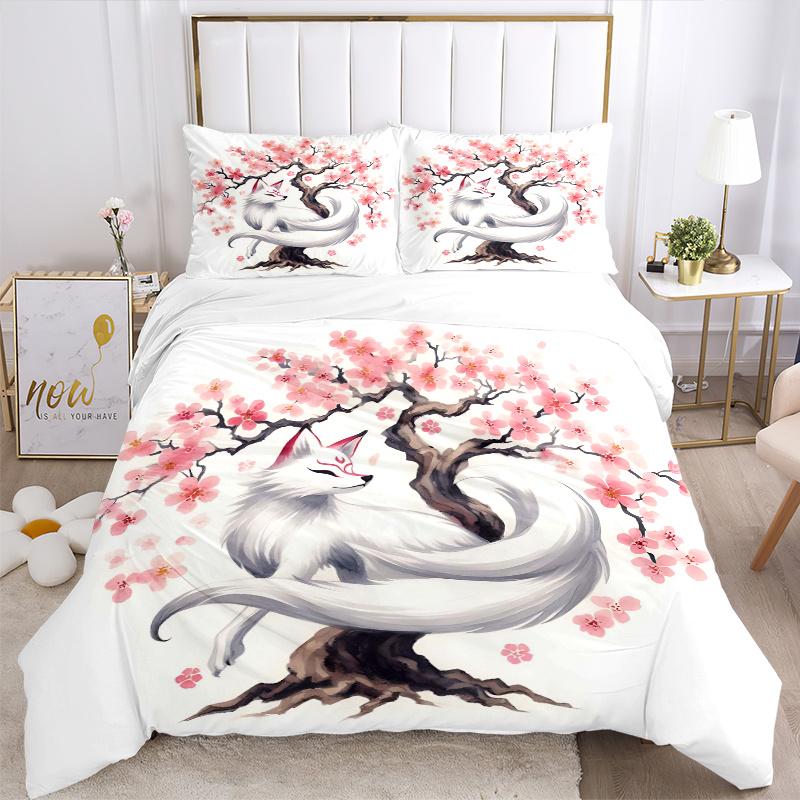 3pcs Cherry Blossom Tree and Beautiful White Fox Bedding Set, Including 1 Quilt Cover and 2 Pillow Shams, Without Filling, Soft and Comforta