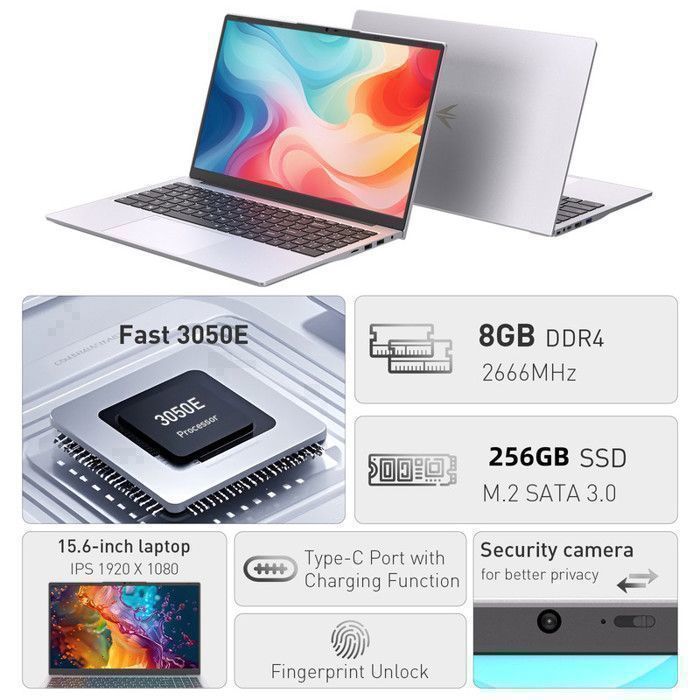 Ноутбук AUUSDA - Windows 11 PRO - 15,6" AMD Athlon Silver 3050E, Двухъядерный ОЗУ 8 ГБ - 256 ГБ SSD - WiFi5, Ноутбук