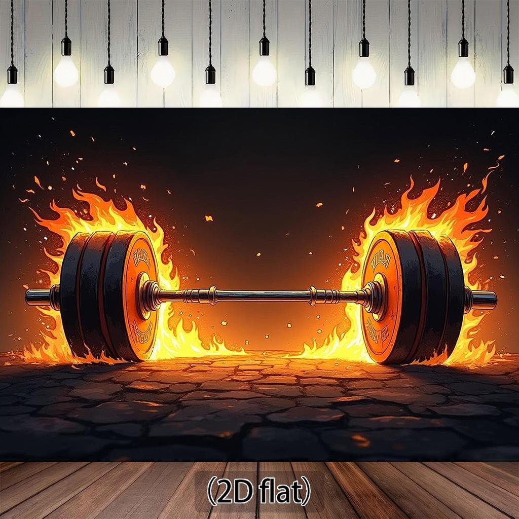2D plane, weightlifting theme, a flame-weighted hammer and a dynamic fitness atmosphere polyester