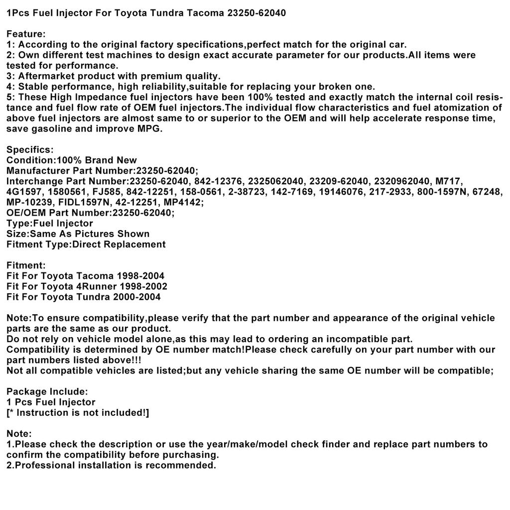 1 шт. Форсунка топливная для Toyota Tundra 98-04 Tacoma 1998-2004 23250-62040