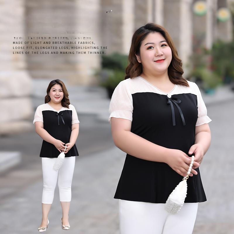 A Large-sized Stylish Chiffon Top with A V-neck Bow for Women In Summer Is Fashionable Versatile and Slimming