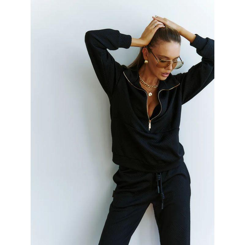 Casual European and American Women Set Solid Long Sleeve Zip-up Loose Top Lace-up Trousers Two-Piece Suit Women