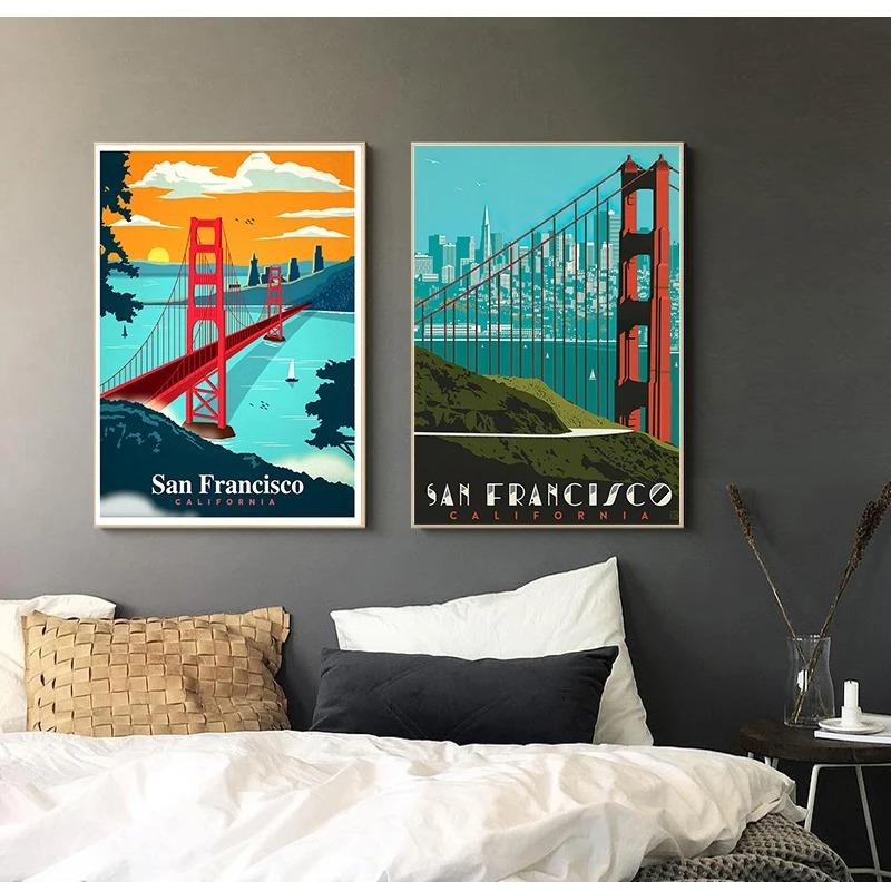 Harbour City San Francisco Travel Poster Canvas Paintings Vintage Wall Kraft Poster Coated Wall Stickers Home Decor Picture Gift