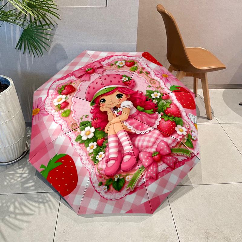 Princess Strawberry Umbrella with Automatic Open/Close & Self-8-Rib Heavy-Duty Umbrella, Compact Travel Umbrella Suitable for Outdoor