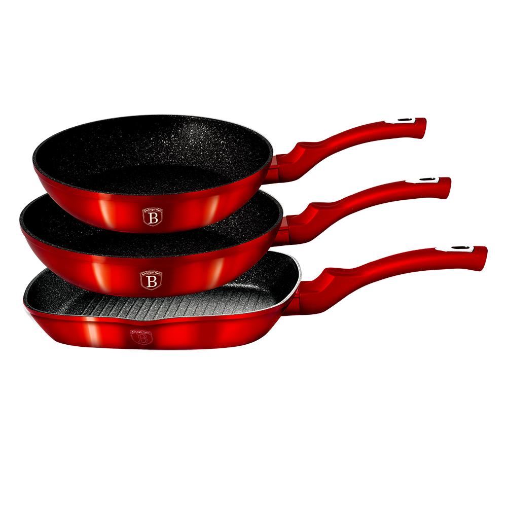 Zestaw 3 patelni z powłoką granitowąch 20/24/28cm BERLINGER HAUS Metallic Line Burgundy BH-1289-N