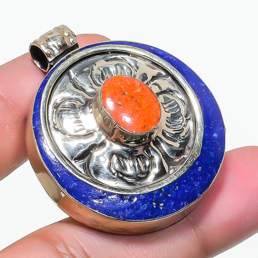 Handmade Vintage Tibetan Nepali Pendant 1.7" Natural Coral Lapis lazuli NP 2414
