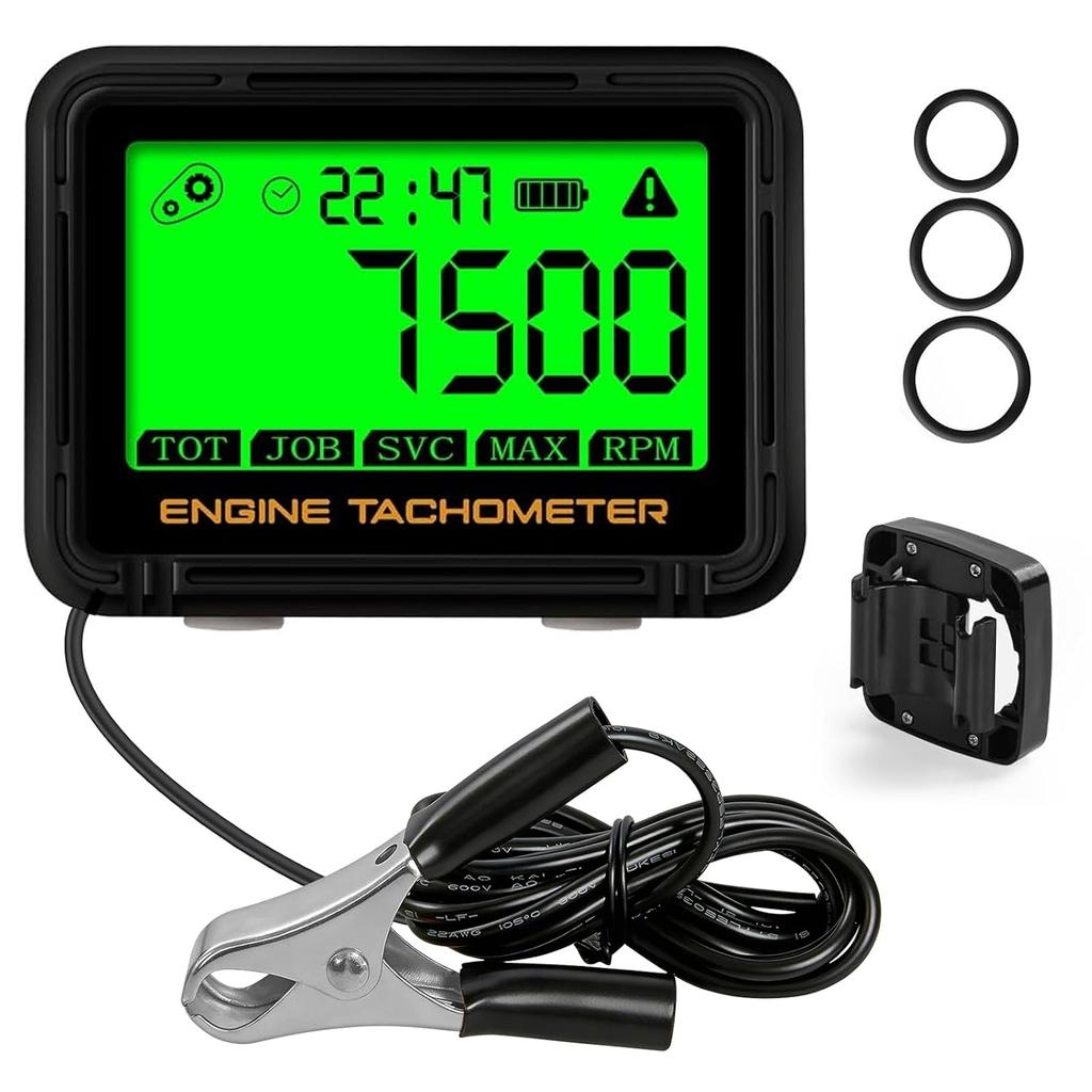 Digital Engine Tachometer & Hour Meter Mini Tach Gauge with Clip & Backlight Display Inductive for Gas Small Engine Lawn Mower RV Chainsaws Outboard