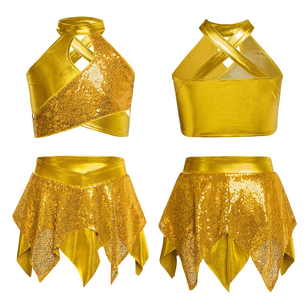 Детский костюм для хип-хопа, джаза, танцев, блестящий бальный костюм, комплект из 2 частей: кроп-топ и юбка с неровным подолом