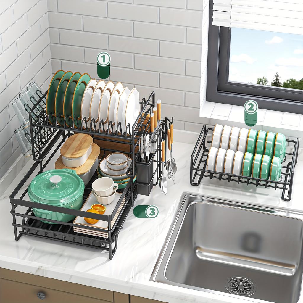 1 шт. 3-уровневая сушилка для посуды со столовыми приборами и подстаканниками — очень большая и многофункциональная