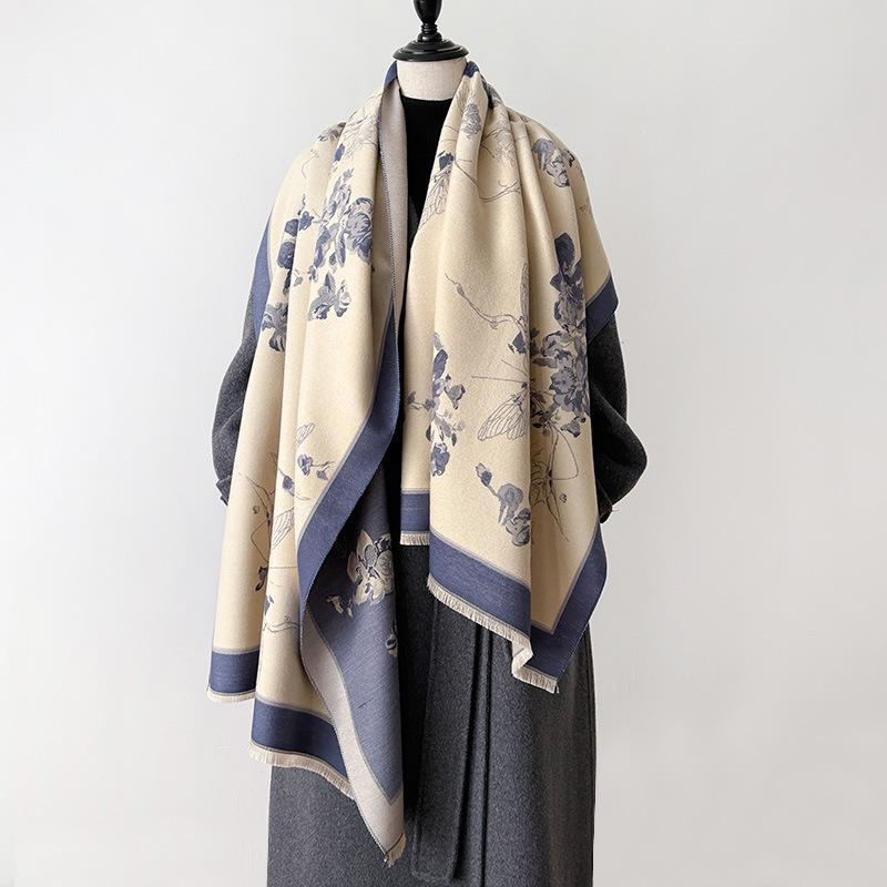 Korean Version Of Butterfly Love Flower Imitation Cashmere Thickened Winter Warm Scarf Fashion Shawl Double-Sided Printed Scarf
