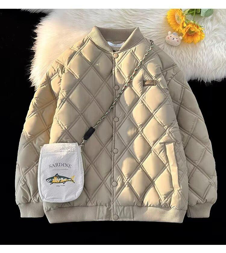 Мужская хлопковая куртка-бомбер с ромбовидной стежкой - Универсальная зимняя верхняя одежда в стиле Гонконга и колледжа