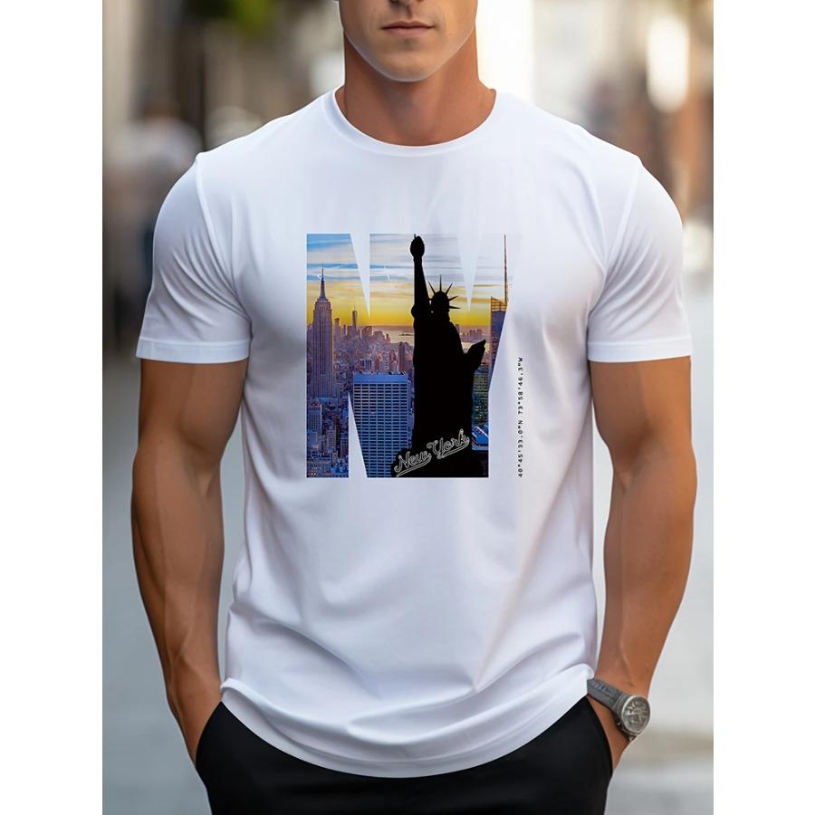 2024 New Daily Street Casual Short Sleeve Summer Men's T-shirt Outdoor Loose Comfortable T-shirt Statue Of Liberty Photo Print