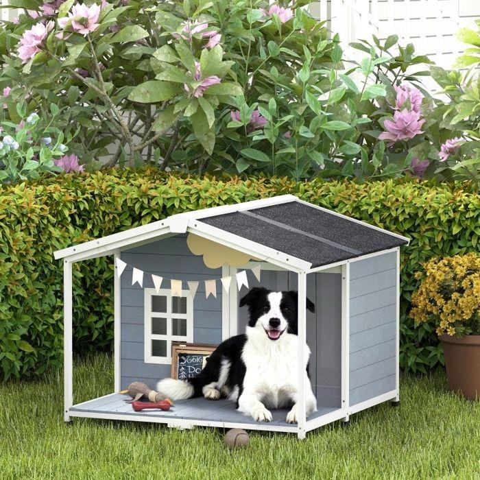 Raised Wooden Kennel with Asphalt Roof and Deck, Shelter for Medium-Sized Dogs, 103x107x83.5 cm, Gray