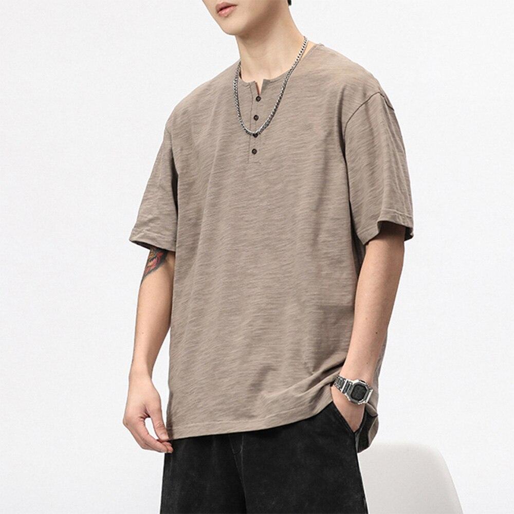Men's Short-sleeve T-shirt Henley Collar Summer Casual Solid Color T Shirt for Men Polo High Quality Mens T-shirts