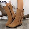 Fringe Women Snow High Boots High Heels Shoes 2025 Trend Suede Chunky Zipper Mid-calf Chelsea Boots Casual Pumps Mujer Botas
