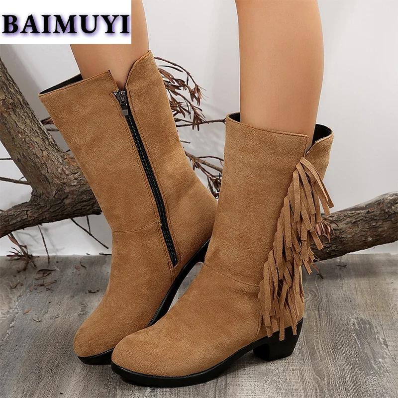 Fringe Women Snow High Boots High Heels Shoes 2025 Trend Suede Chunky Zipper Mid-calf Chelsea Boots Casual Pumps Mujer Botas