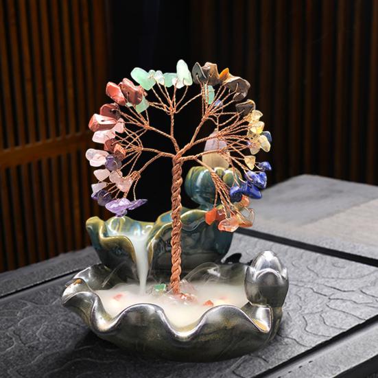 Waterfall Incense Burner Faux Crystal Stone Lucky Tree Resin Ornament Handicraft Incense Cone Holder for Room Home Zen Decoration Meditation