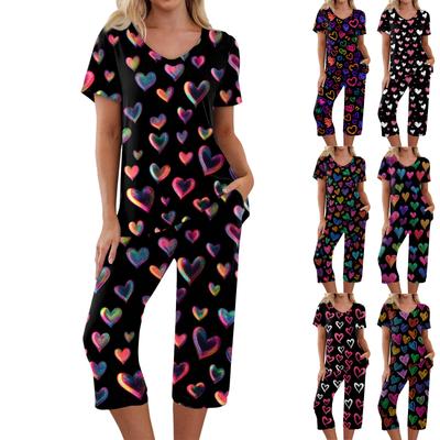 Комплекты из 2 предметов для женщин: топ с коротким рукавом и брюки с карманами, мягкие тренировочные комплекты с принтом