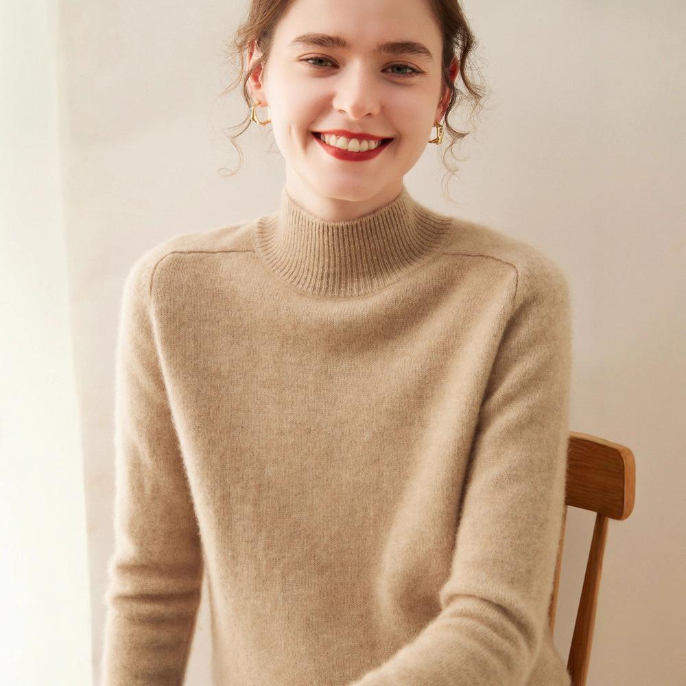 Women's Cashmere Half High-Neck Sweater - Autumn/Winter, Thickened, Solid Color, Loose Saddle Shoulder Knit.