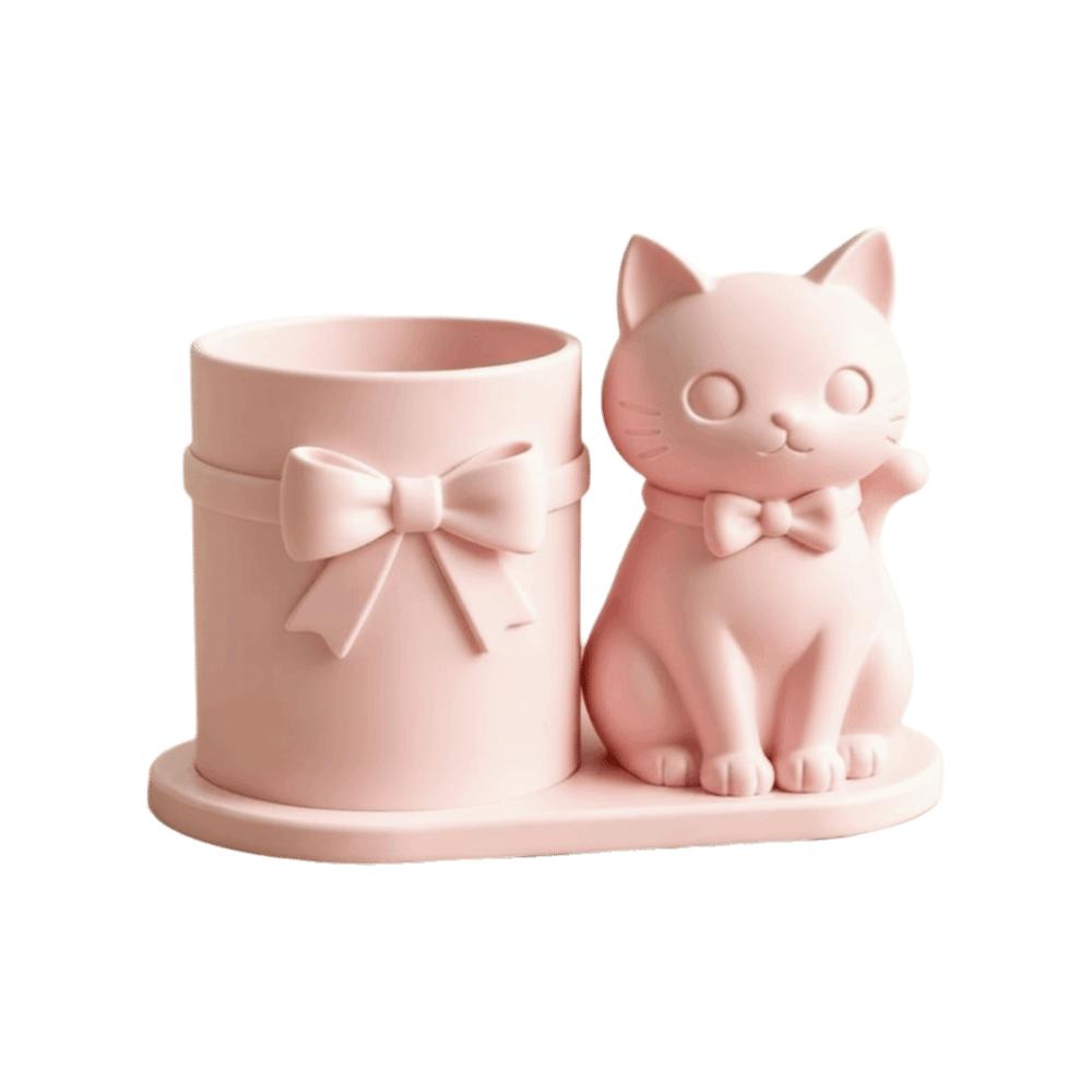 3D Printed Kitten-Shaped Pen Holder Plastic Makeup Brush Storage Organizer Office Desk Decor