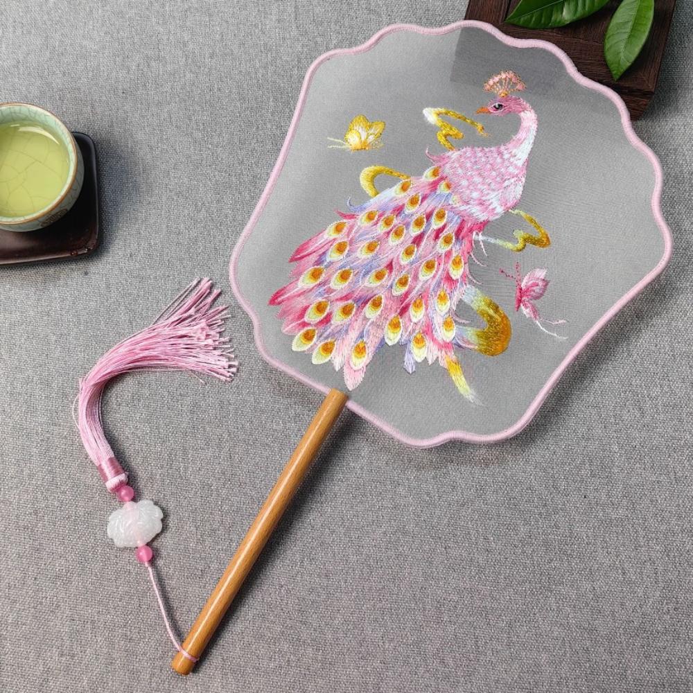 Clothing Acceessories Home Decoration With Tassel Long Handle Chinese Retro Style Embroidery Handheld Fan Pearl Edging