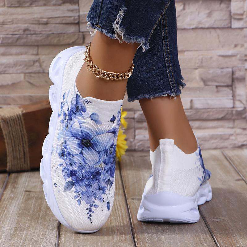 Осенние новые трикотажные туфли на плоской подошве с цветочным принтом, женские дышащие спортивные кроссовки с сетчатой основой, женские повседневные кроссовки для ходьбы, размер плюс 43