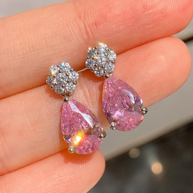 Серьги-подвески Huitan Pear Shape Pink CZ для женщин, цветные изящные аксессуары для ушей, необычный подарок на день рождения, новые модные украшения