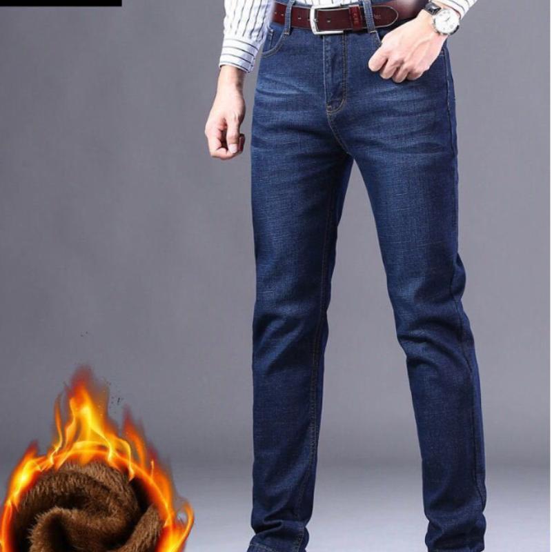 Мужские зимние теплые джинсы больших размеров, деловые повседневные прямые свободные брюки, мужские брендовые брюки