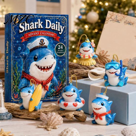Birthday Gifts for Children Marine Shark Advent Calendar, 24 Days Christmas Acrylic Collectible Interactive Gift Figures, Hanging Ornament Holiday