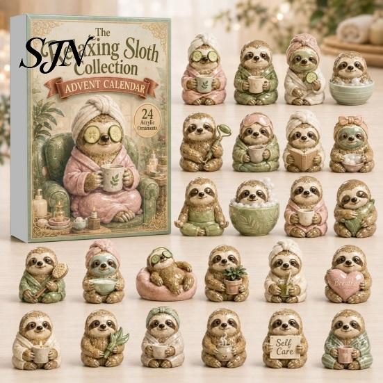 Unique Holiday Gifts Cute Sloth Advent Calendar, 24Pcs Acrylic 2D Ornament Set Christmas Countdown Calendar with Vintage Warm-Tone Designs,