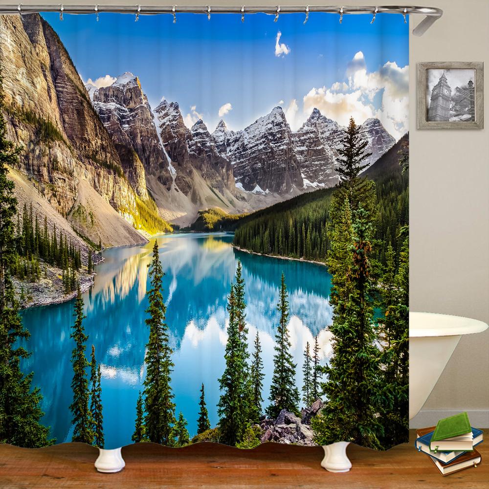 Modern 3D Printing Forest Shower Curtain Green Plant Tree Landscape Bath Curtain With Hooks For Bathroom Waterproof Scenery