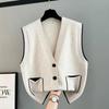 Pop Korean Fashion Women Sweaters Vest Spring Autumn Solid V-Neck Pocket Button Patchwork Loose Sleeveless Cardigan Knitting