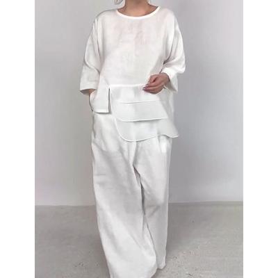 Женский весенне-летний однотонный свободный костюм для офиса, удобный свободный комплект из 2 предметов: футболка с круглым вырезом и брюки