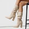 New Design Pleated Women Mid-Calf Ankle Boots Fashion Pointed Toe Square High Heels Female Pumps Slip-On Shoes