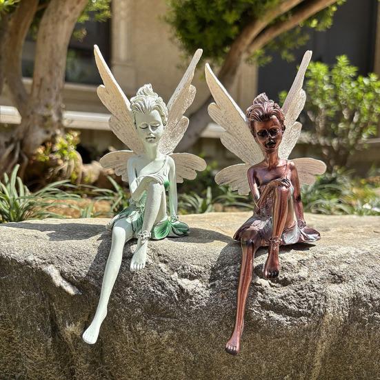Скульптура из смолы «Цветочная фея», фигурка сидящей феи, украшение для сада, крылатая статуя феи для внутреннего рабочего стола, дворового искусства