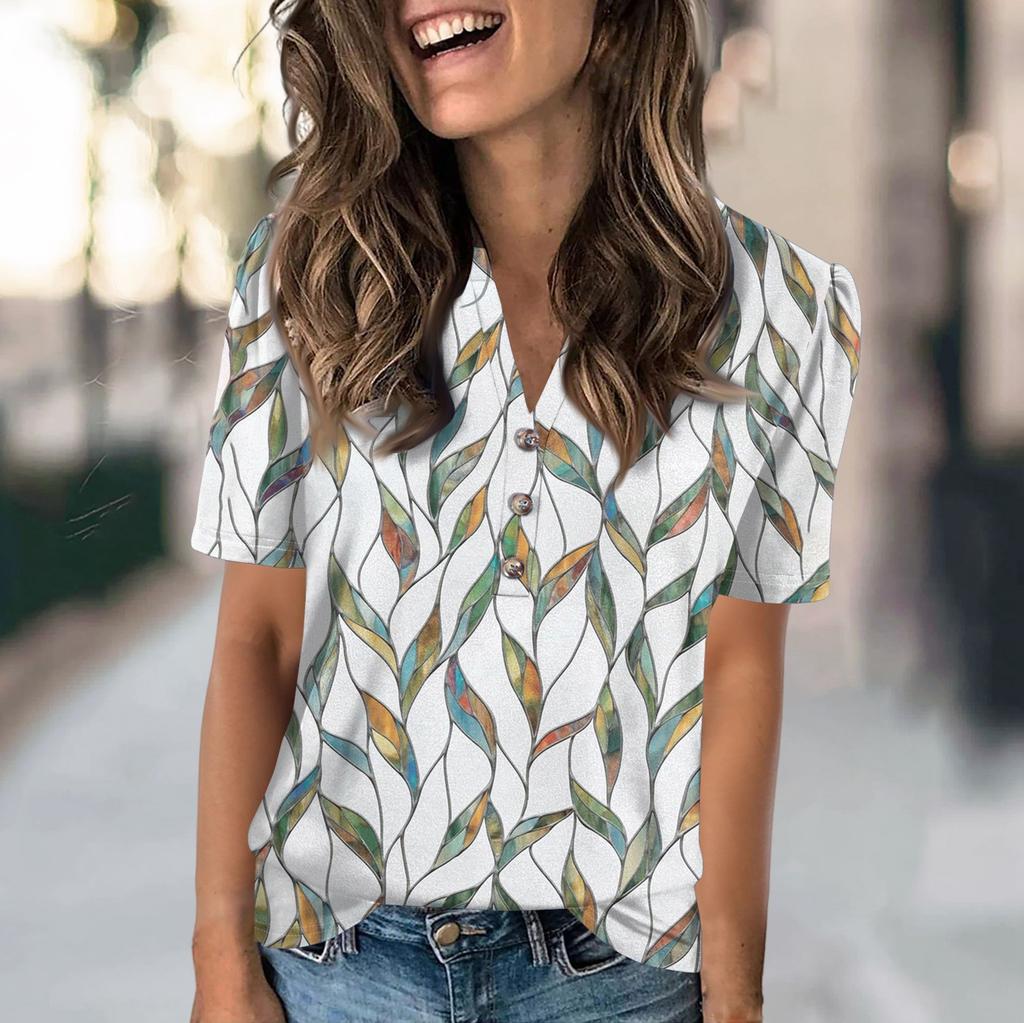 Women's Fashion Casual Flower Print V-neck Short Sleeve Button Up T-shirt Top