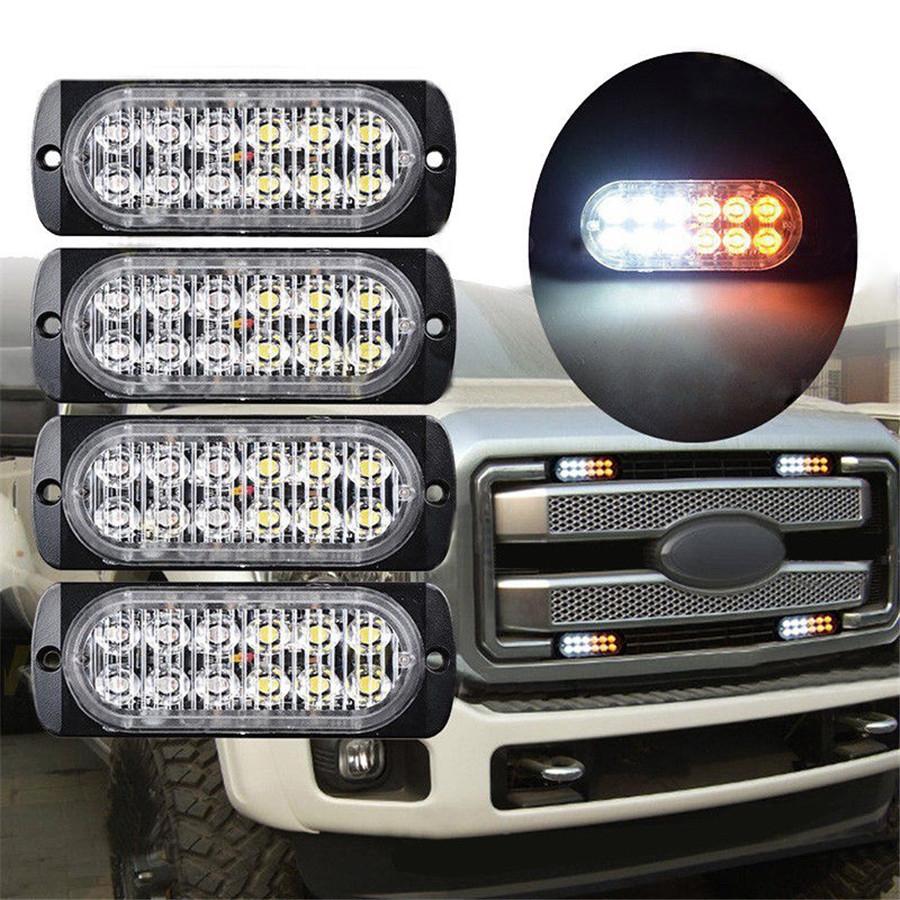 Car Emergency Lamp Bars Flash Amber+White 12 LED Flash Caution Strobe Light Bar